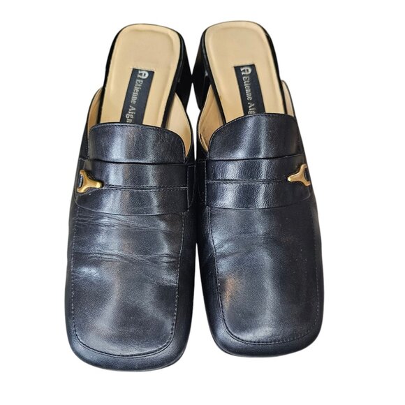 Y2K 90s Etienne Aigner Black Leather Mules Clogs Loafers Sz 8.5 Square Toe - Picture 3 of 13